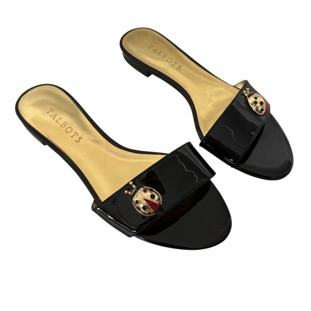 Talbots Black Patent Leather Slide Sandals Ladybug Accent Size 7